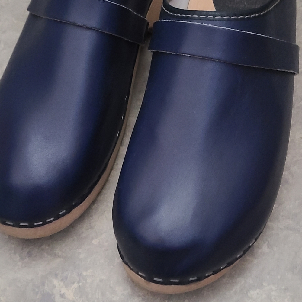 Navy Leather Wood-Platform Mules, Made In Sweden - Picture 6 of 6